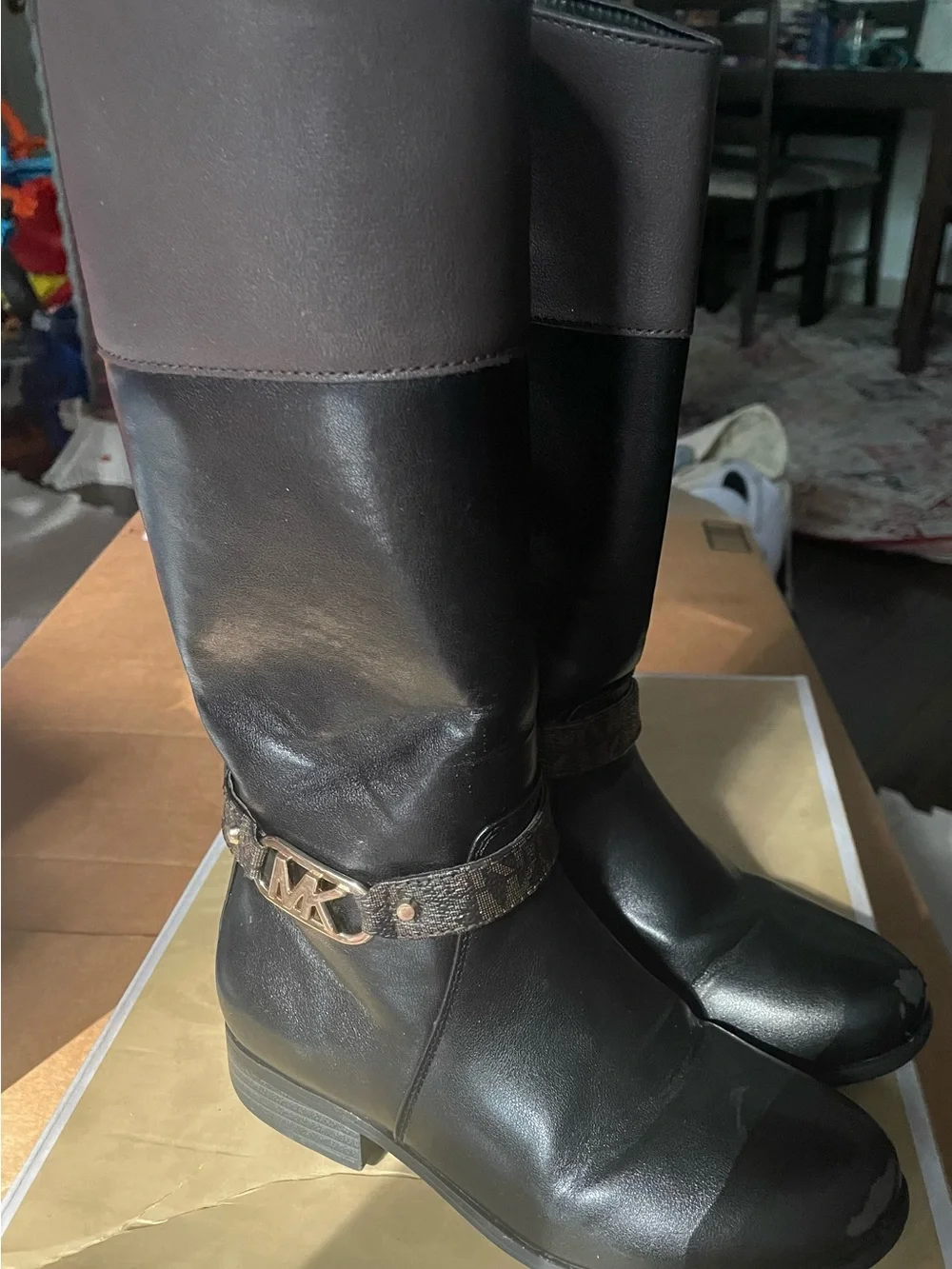 Michael Kors Black Leather Tall Boots with MK Logo Strap